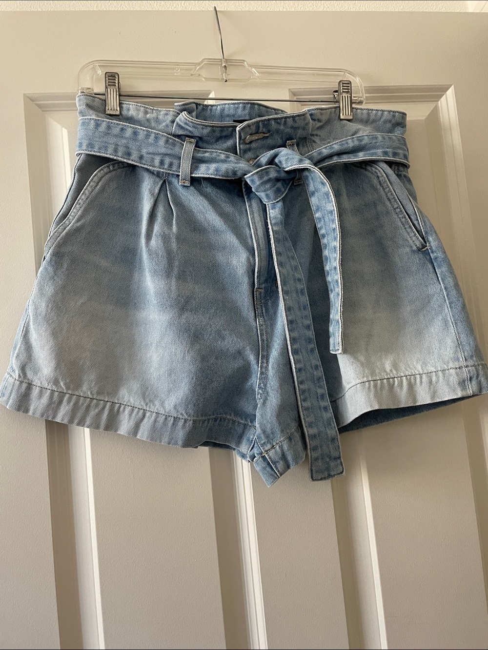 Veronica Beard Nori High-Rise Light Blue Denim Paperbag Shorts